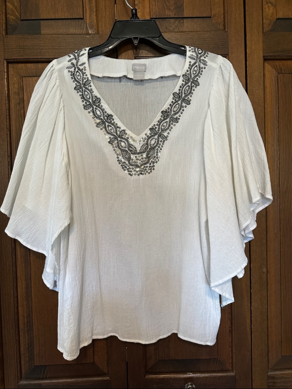 Chico's White V-Neck Tunic with Silver Embellishment